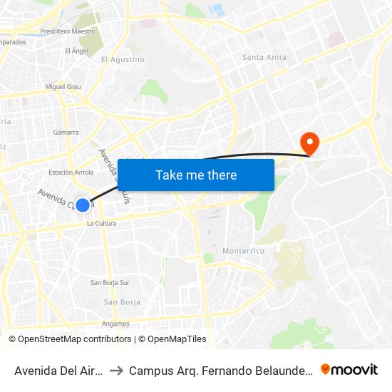 Avenida Del Aire, 601 to Campus Arq. Fernando Belaunde Terry - Usil map