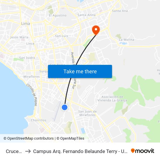 Cruceta to Campus Arq. Fernando Belaunde Terry - Usil map