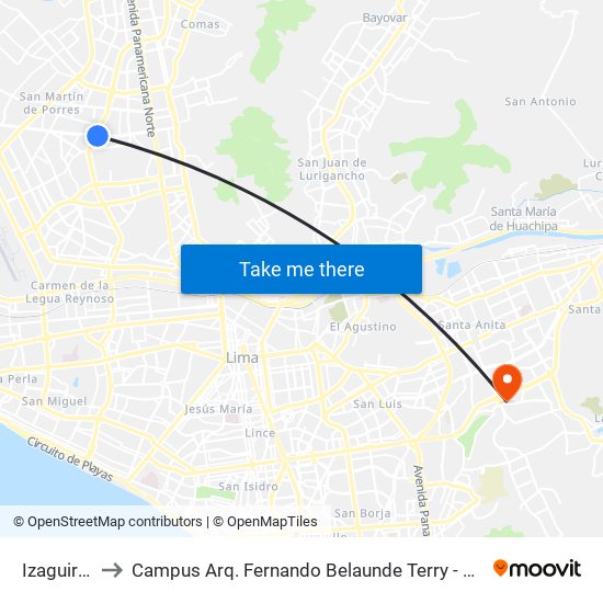 Izaguirre to Campus Arq. Fernando Belaunde Terry - Usil map