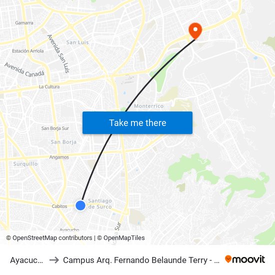 Ayacucho to Campus Arq. Fernando Belaunde Terry - Usil map