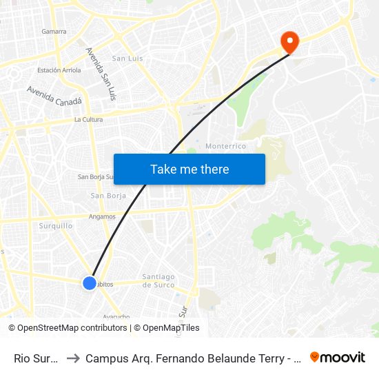 Rio Surco to Campus Arq. Fernando Belaunde Terry - Usil map