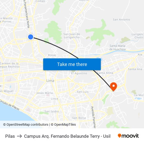 Pilas to Campus Arq. Fernando Belaunde Terry - Usil map