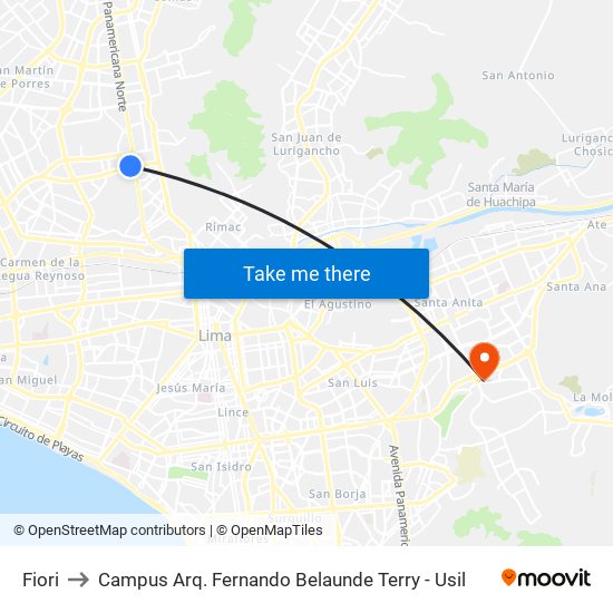 Fiori to Campus Arq. Fernando Belaunde Terry - Usil map