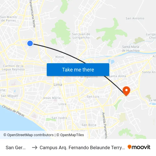 San Germán to Campus Arq. Fernando Belaunde Terry - Usil map