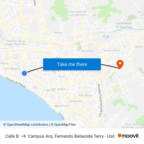 Calle B to Campus Arq. Fernando Belaunde Terry - Usil map