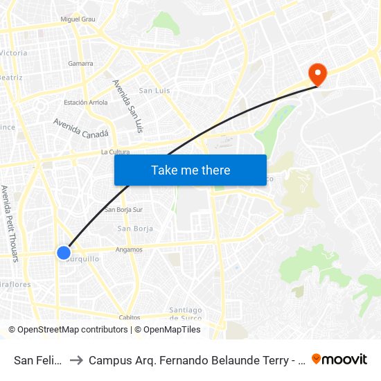 San Felipe to Campus Arq. Fernando Belaunde Terry - Usil map