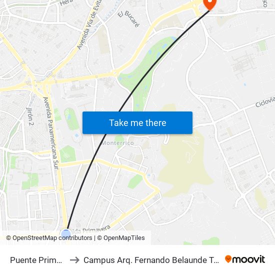 Puente Primavera to Campus Arq. Fernando Belaunde Terry - Usil map