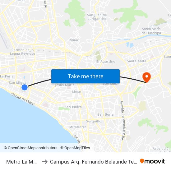 Metro La Marina to Campus Arq. Fernando Belaunde Terry - Usil map