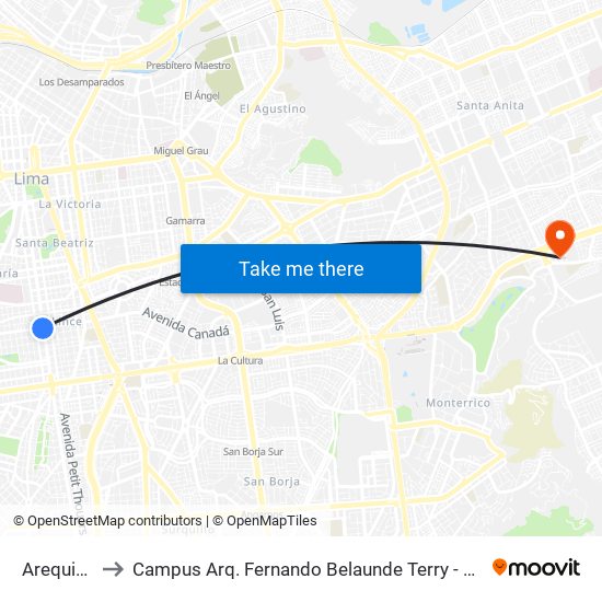 Arequipa to Campus Arq. Fernando Belaunde Terry - Usil map