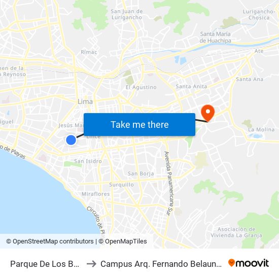 Parque De Los Bomberos to Campus Arq. Fernando Belaunde Terry - Usil map
