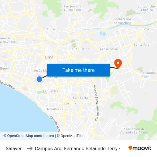 Salaverry to Campus Arq. Fernando Belaunde Terry - Usil map
