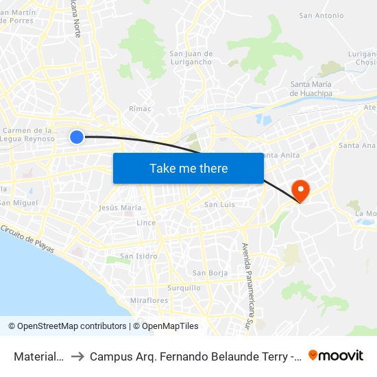 Materiales to Campus Arq. Fernando Belaunde Terry - Usil map