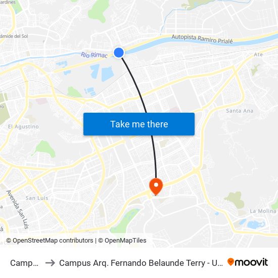 Campoy to Campus Arq. Fernando Belaunde Terry - Usil map