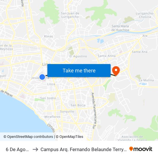 6 De Agosto to Campus Arq. Fernando Belaunde Terry - Usil map