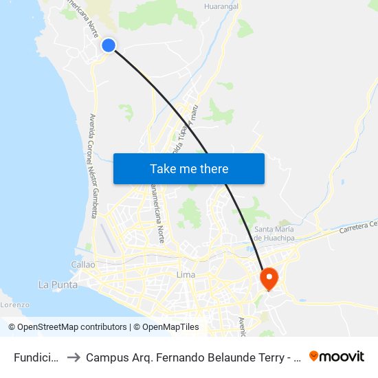 Fundición to Campus Arq. Fernando Belaunde Terry - Usil map