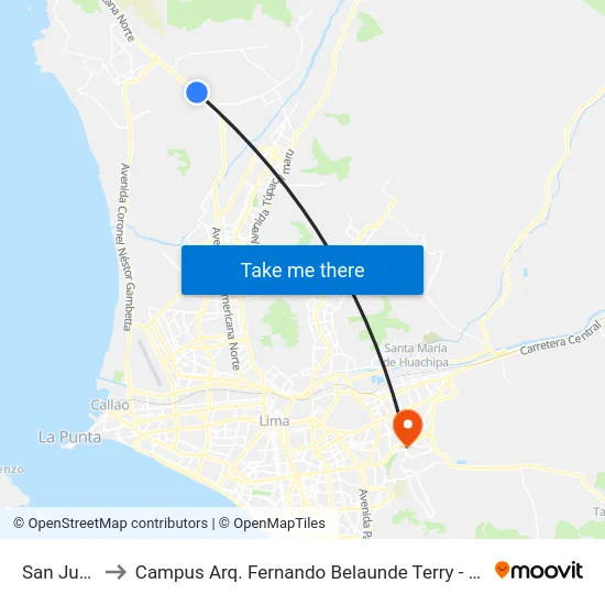 San Juan to Campus Arq. Fernando Belaunde Terry - Usil map