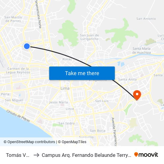 Tomás Valle to Campus Arq. Fernando Belaunde Terry - Usil map