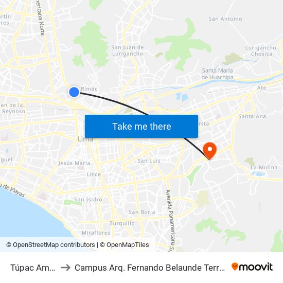 Túpac Amaru to Campus Arq. Fernando Belaunde Terry - Usil map