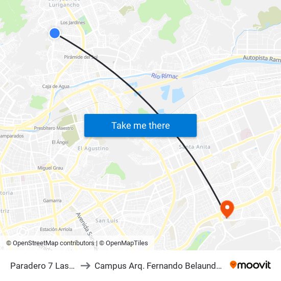 Paradero 7 Las Flores to Campus Arq. Fernando Belaunde Terry - Usil map