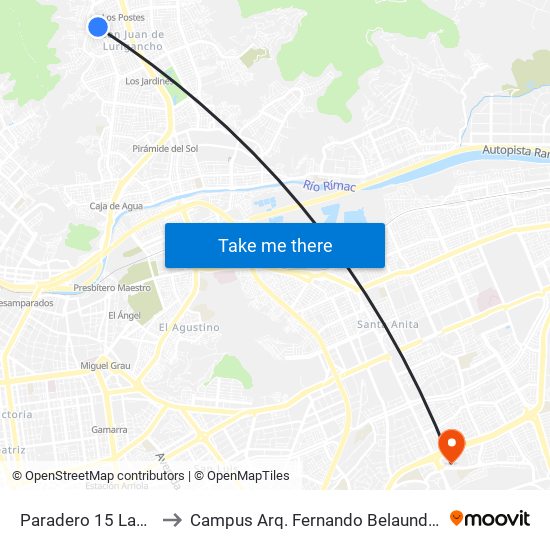 Paradero 15 Las Flores to Campus Arq. Fernando Belaunde Terry - Usil map