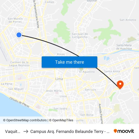 Vaquitas to Campus Arq. Fernando Belaunde Terry - Usil map