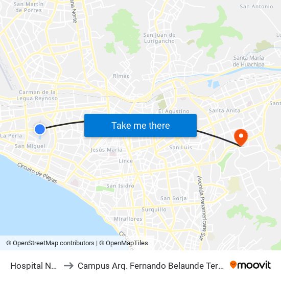 Hospital Naval to Campus Arq. Fernando Belaunde Terry - Usil map