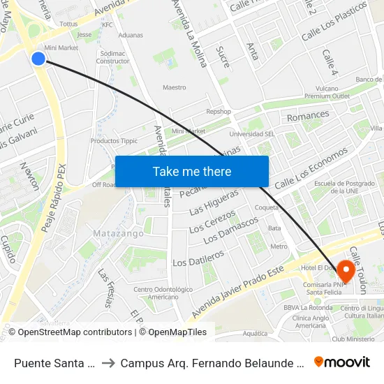 Puente Santa Anita to Campus Arq. Fernando Belaunde Terry - Usil map
