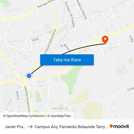 Javier Prado to Campus Arq. Fernando Belaunde Terry - Usil map