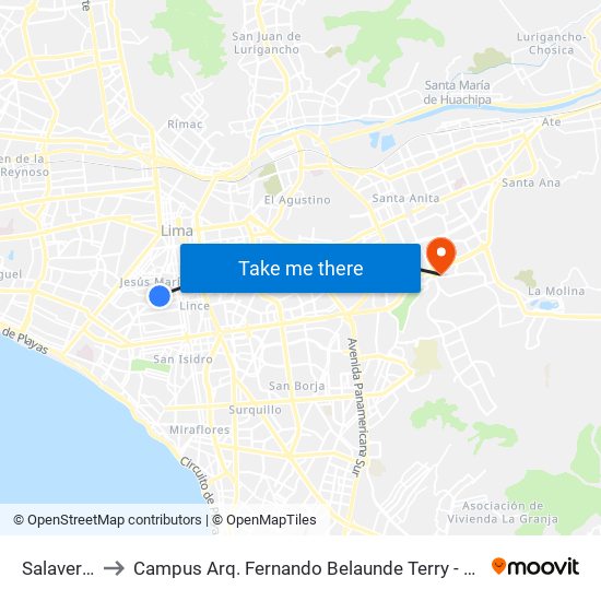 Salaverry to Campus Arq. Fernando Belaunde Terry - Usil map