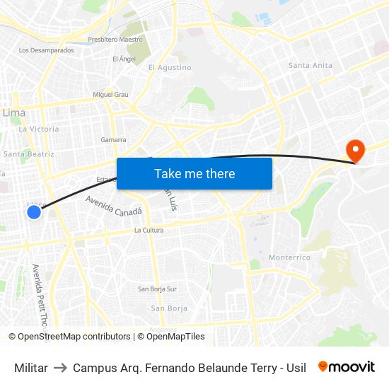 Militar to Campus Arq. Fernando Belaunde Terry - Usil map