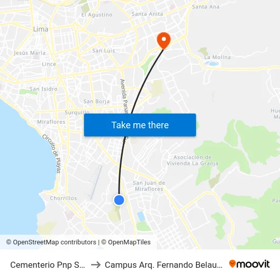 Cementerio Pnp Santa Rosa to Campus Arq. Fernando Belaunde Terry - Usil map