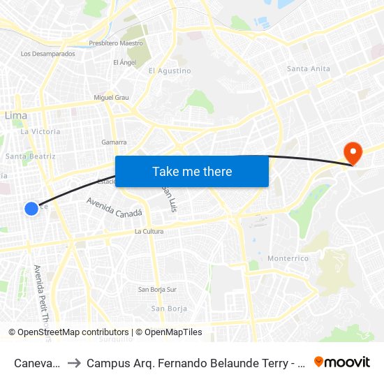 Canevaro to Campus Arq. Fernando Belaunde Terry - Usil map