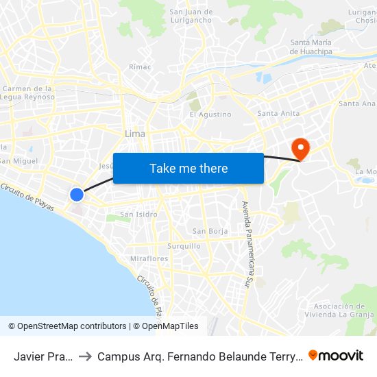 Javier Prado to Campus Arq. Fernando Belaunde Terry - Usil map