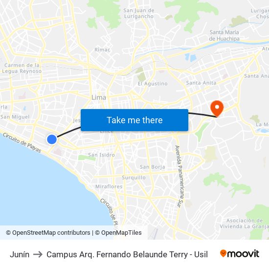 Junín to Campus Arq. Fernando Belaunde Terry - Usil map