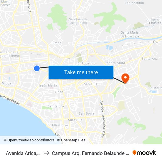 Avenida Arica, 1625 to Campus Arq. Fernando Belaunde Terry - Usil map