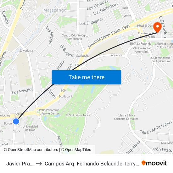 Javier Prado to Campus Arq. Fernando Belaunde Terry - Usil map