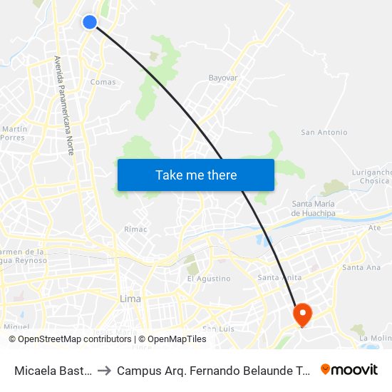 Micaela Bastidas to Campus Arq. Fernando Belaunde Terry - Usil map