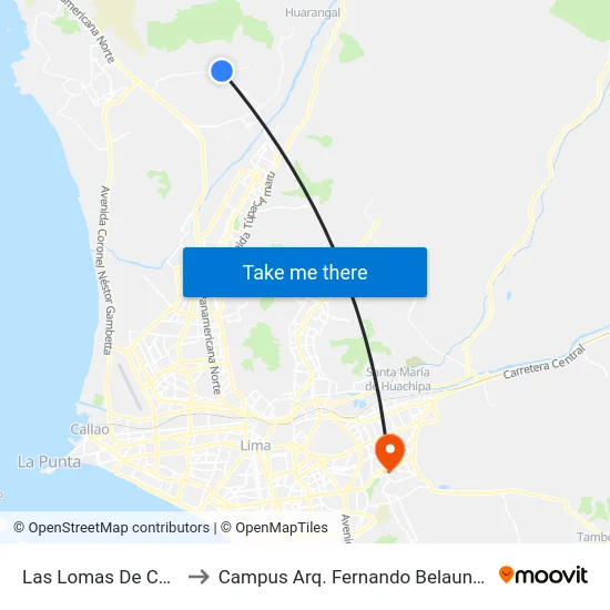 Las Lomas De Carabayllo to Campus Arq. Fernando Belaunde Terry - Usil map