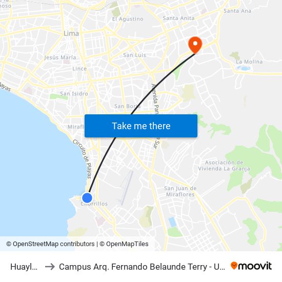 Huaylas to Campus Arq. Fernando Belaunde Terry - Usil map