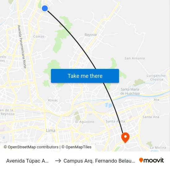 Avenida Túpac Amaru, 4397 to Campus Arq. Fernando Belaunde Terry - Usil map