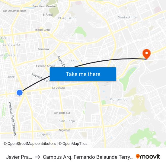 Javier Prado to Campus Arq. Fernando Belaunde Terry - Usil map