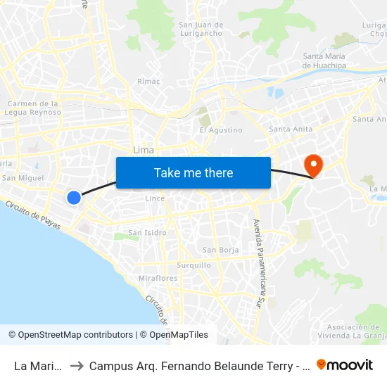 La Marina to Campus Arq. Fernando Belaunde Terry - Usil map