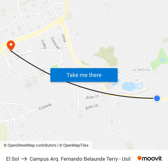 El Sol to Campus Arq. Fernando Belaunde Terry - Usil map