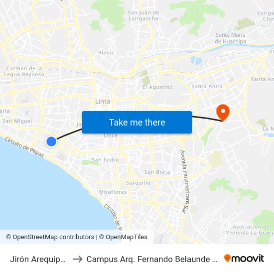 Jirón Arequipa, 398 to Campus Arq. Fernando Belaunde Terry - Usil map
