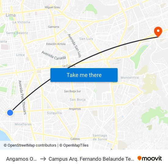 Angamos Oeste to Campus Arq. Fernando Belaunde Terry - Usil map