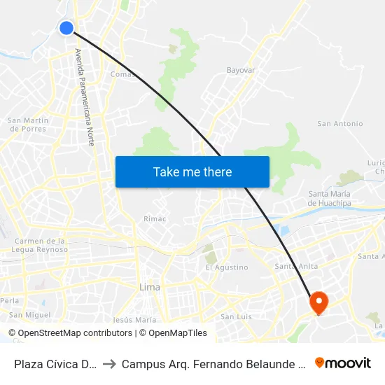Plaza Cívica De Pro to Campus Arq. Fernando Belaunde Terry - Usil map