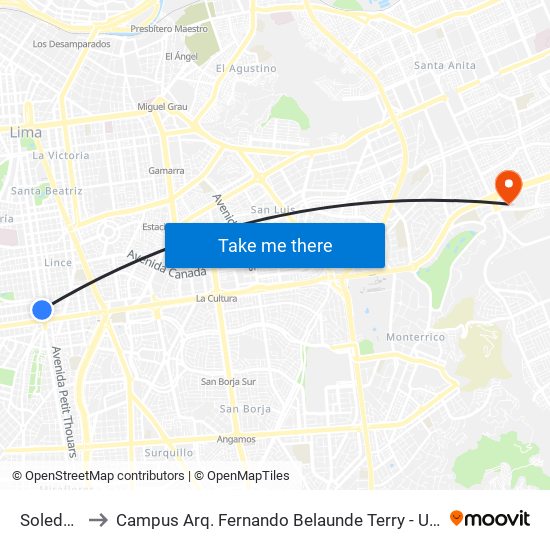 Soledad to Campus Arq. Fernando Belaunde Terry - Usil map