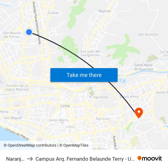 Naranjal to Campus Arq. Fernando Belaunde Terry - Usil map