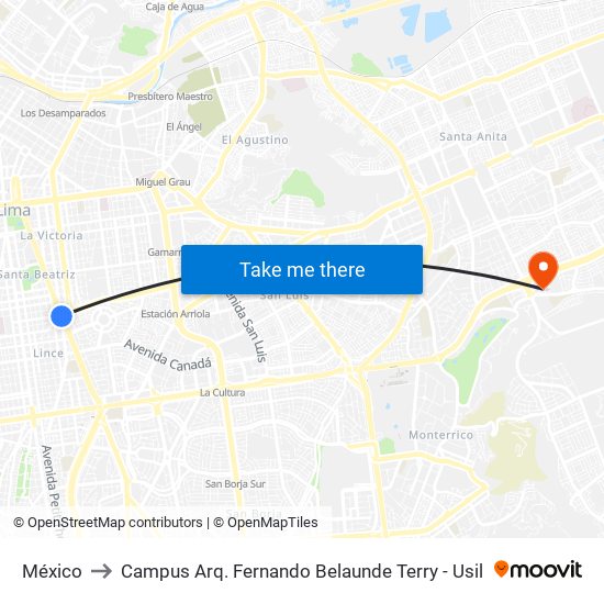 México to Campus Arq. Fernando Belaunde Terry - Usil map