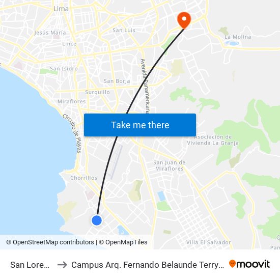 San Lorenzo to Campus Arq. Fernando Belaunde Terry - Usil map